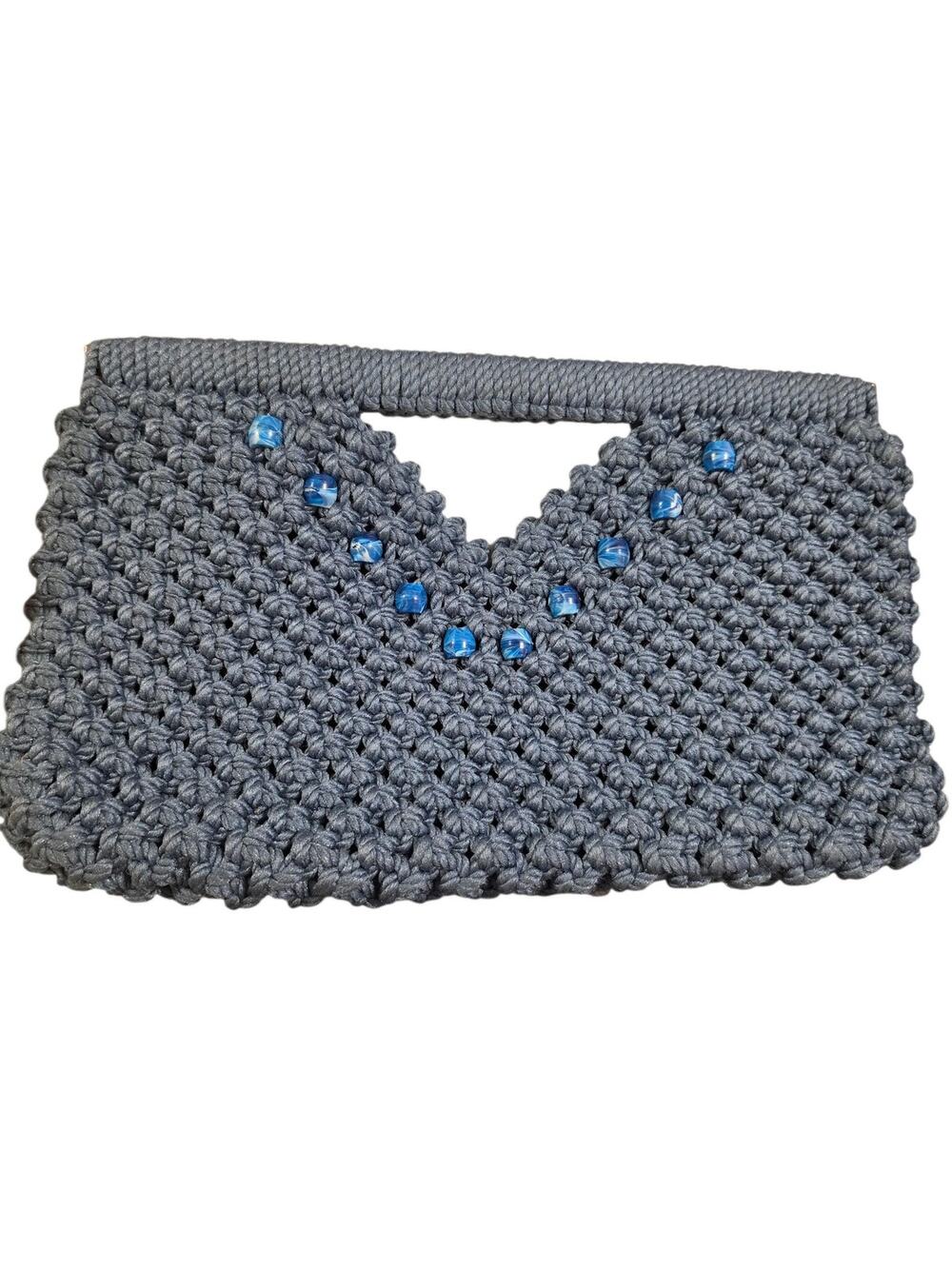 Vintage handmade macramade blue beaded clutch